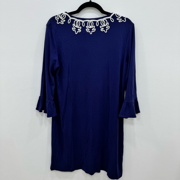 Tori Richard Honolulu Dress soft navy blue with white trim split neck midi knee - Picture 6 of 6